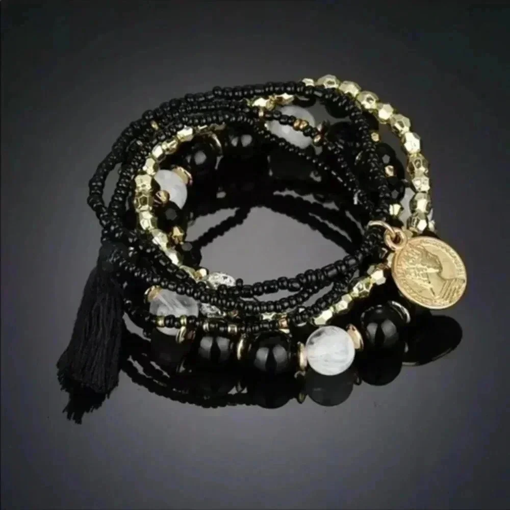 Lovely Black & Gold Coin Tassel Beaded Bracelet NWT